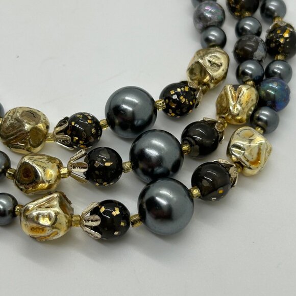 Vintage Three-Strand Gray Gold Iridescent Bead Faux & Pearls Prom Formal - Picture 7 of 16